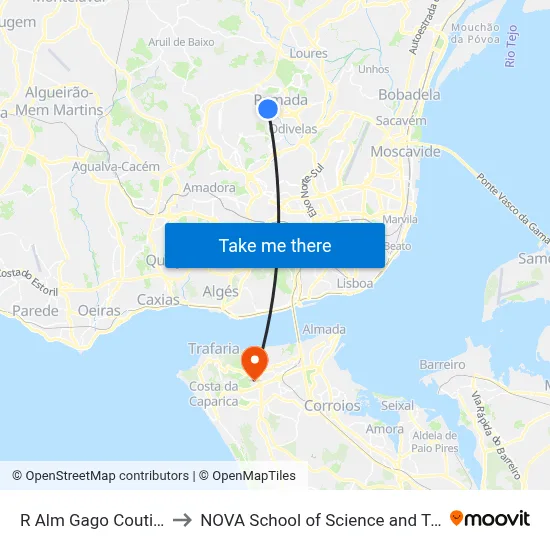 R Alm Gago Coutinho 16 to NOVA School of Science and Technology map