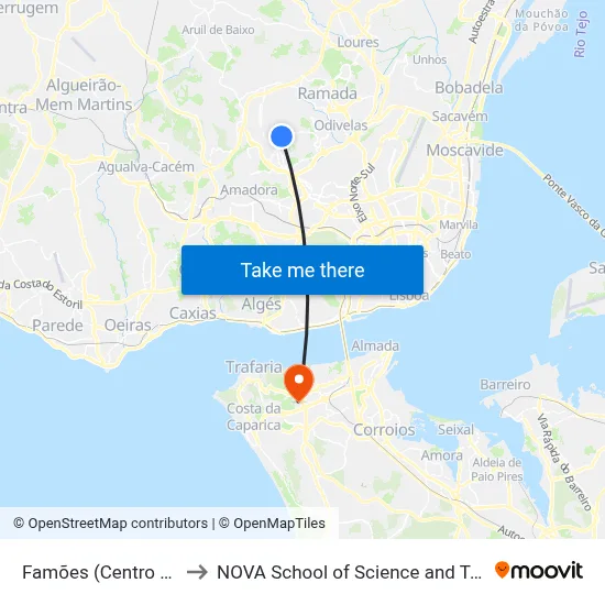 Famões (Centro Saúde) to NOVA School of Science and Technology map