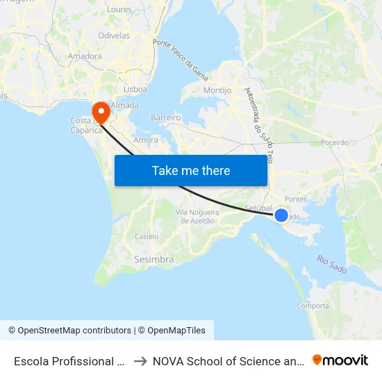 Escola Profissional de Setúbal to NOVA School of Science and Technology map