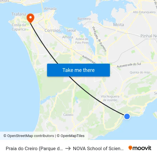 Praia do Creiro (Parque de Estacionamento) to NOVA School of Science and Technology map