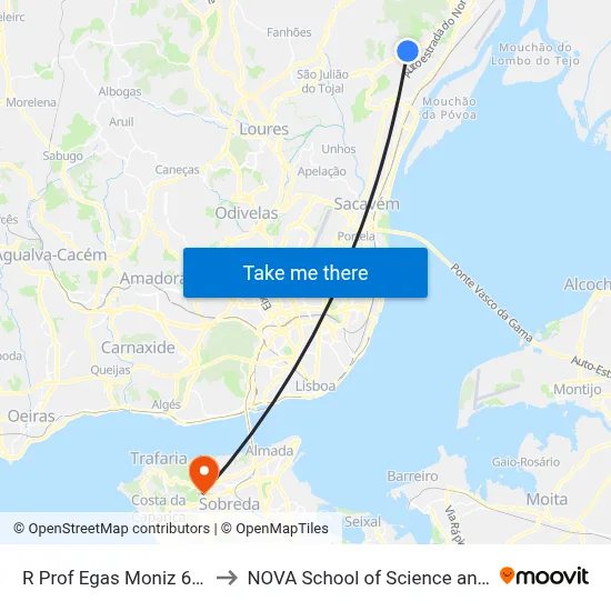 R Prof Egas Moniz 6 (Vialonga) to NOVA School of Science and Technology map