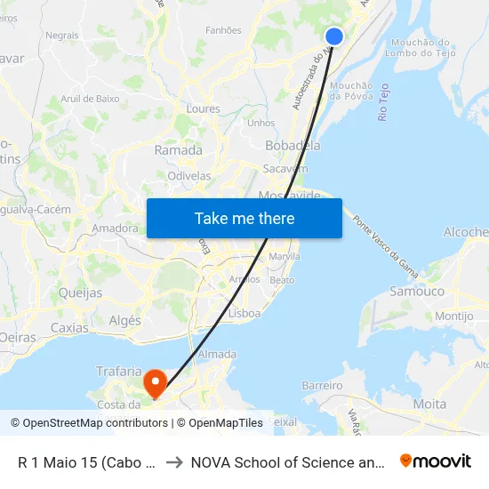 R 1 Maio 15 (Cabo Vialonga) to NOVA School of Science and Technology map