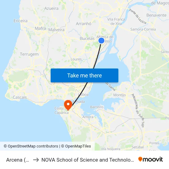 Arcena (X) to NOVA School of Science and Technology map