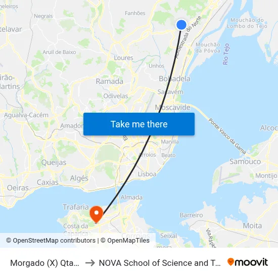 Morgado (X) Qta Índias to NOVA School of Science and Technology map