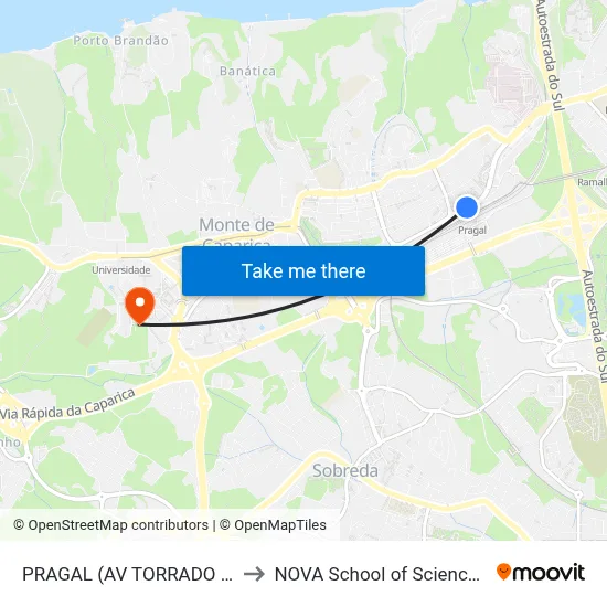 PRAGAL (AV TORRADO SILVA) ESTAÇÃO to NOVA School of Science and Technology map