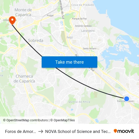 Foros de Amora P3 to NOVA School of Science and Technology map