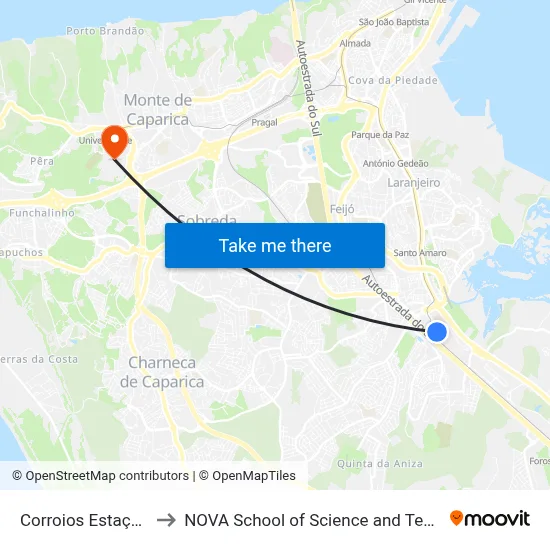 Corroios Estação P1 to NOVA School of Science and Technology map