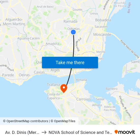 Av. D. Dinis (Mercado) to NOVA School of Science and Technology map