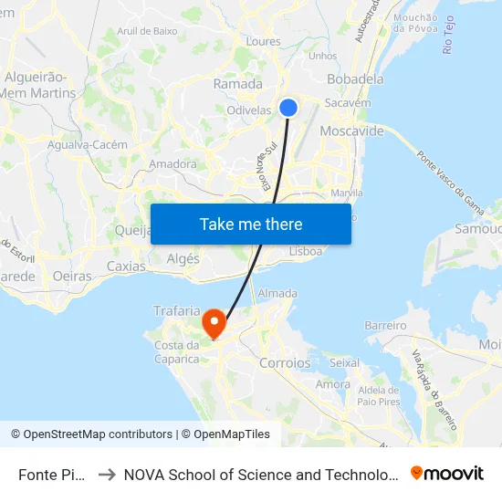 Fonte Pipa to NOVA School of Science and Technology map