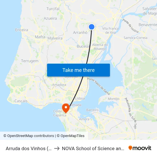 Arruda dos Vinhos (Terminal) to NOVA School of Science and Technology map
