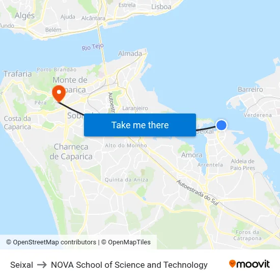 Seixal to NOVA School of Science and Technology map