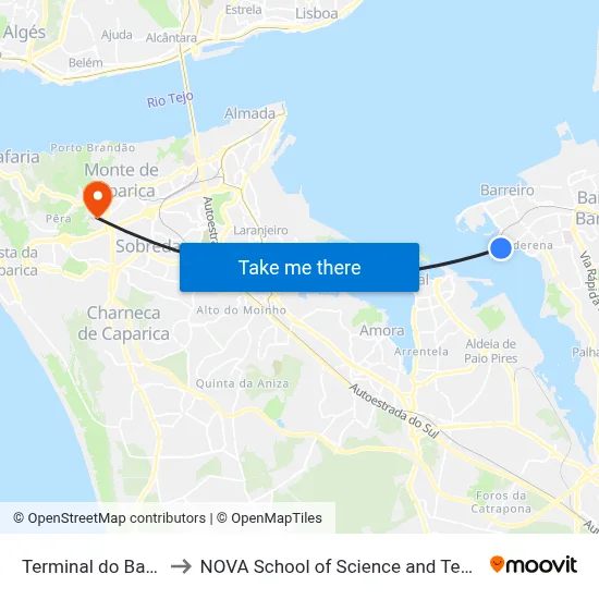 Terminal do Barreiro to NOVA School of Science and Technology map