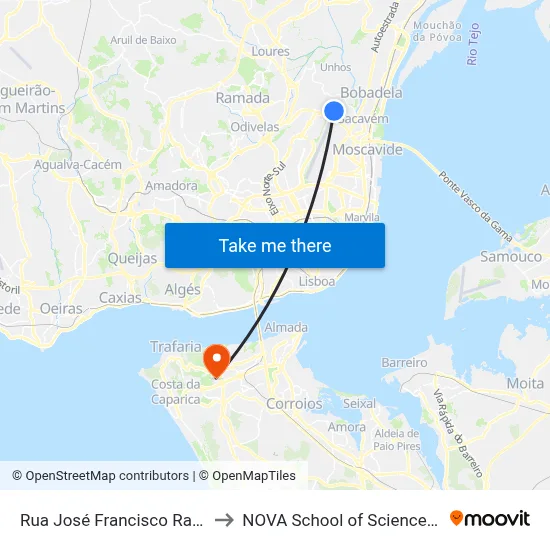 Rua José Francisco Raposo (Rotunda) to NOVA School of Science and Technology map