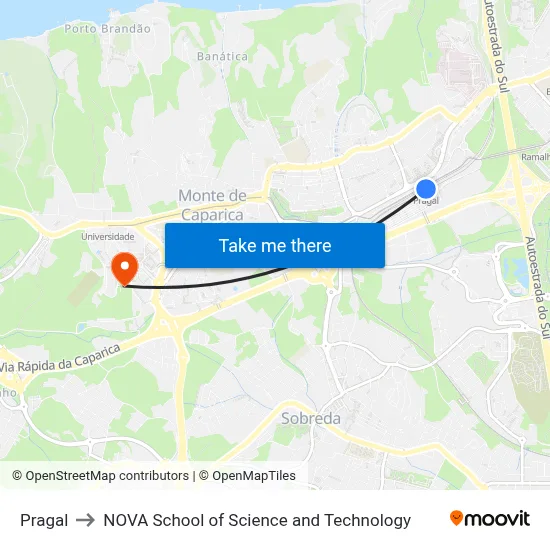 Pragal to NOVA School of Science and Technology map