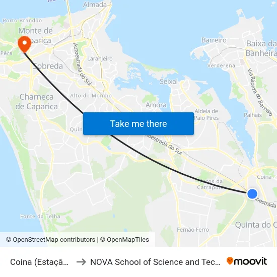 Coina (Estação) P5 to NOVA School of Science and Technology map