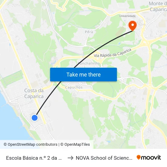 Escola Básica n.º 2 da Costa da Caparica to NOVA School of Science and Technology map