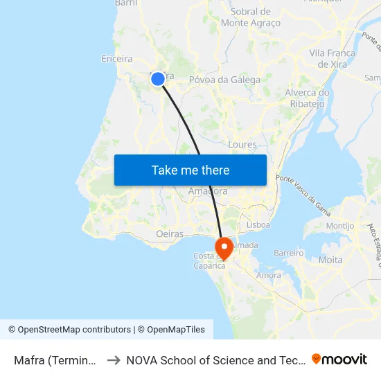 Mafra (Terminal) P1 to NOVA School of Science and Technology map