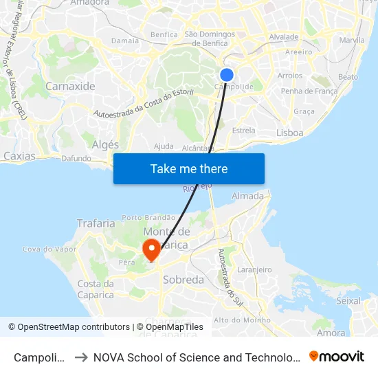 Campolide to NOVA School of Science and Technology map