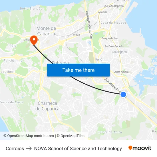 Corroios to NOVA School of Science and Technology map