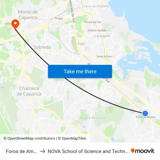 Foros de Amora to NOVA School of Science and Technology map