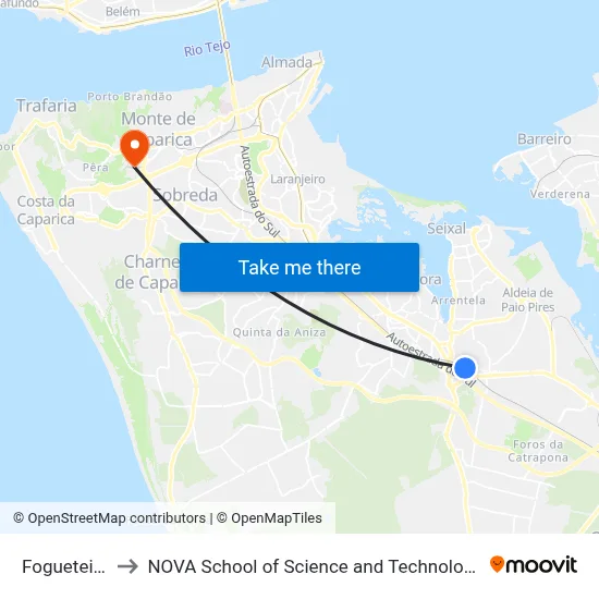 Fogueteiro to NOVA School of Science and Technology map