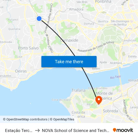 Estação Tercena to NOVA School of Science and Technology map