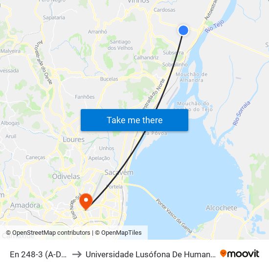 En 248-3 (A-Dos-Bispos) to Universidade Lusófona De Humanidades E Tecnologias map