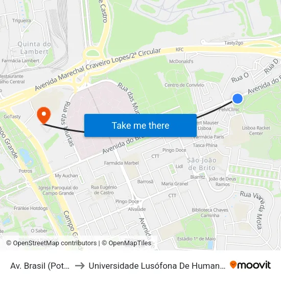Av. Brasil (Pote D´ Água) to Universidade Lusófona De Humanidades E Tecnologias map