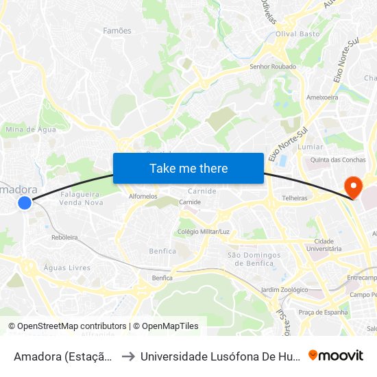 Amadora (Estação) P9 Entrada Sul to Universidade Lusófona De Humanidades E Tecnologias map