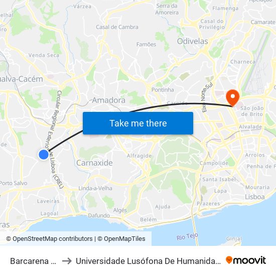 Barcarena (Ponte) to Universidade Lusófona De Humanidades E Tecnologias map