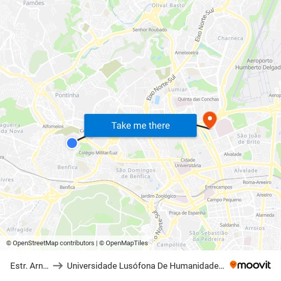 Estr. Arneiros to Universidade Lusófona De Humanidades E Tecnologias map
