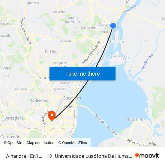 Alhandra - En10 Viaduto Ae to Universidade Lusófona De Humanidades E Tecnologias map