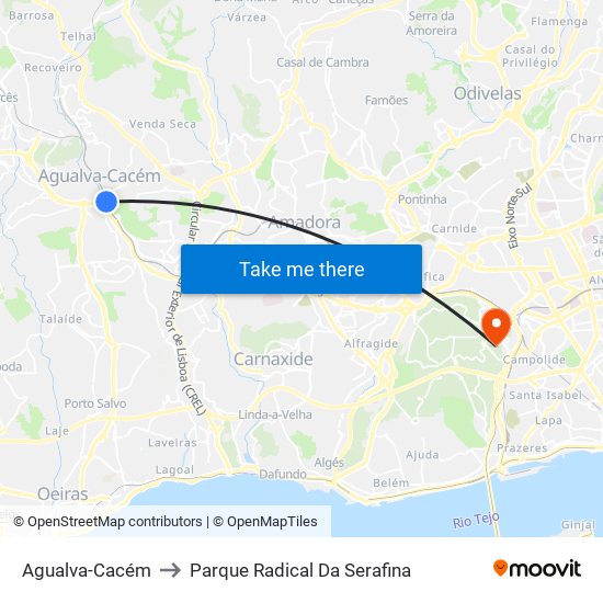 Agualva-Cacém to Parque Radical Da Serafina map