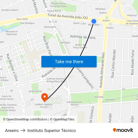 Areeiro to Instituto Superior Técnico map