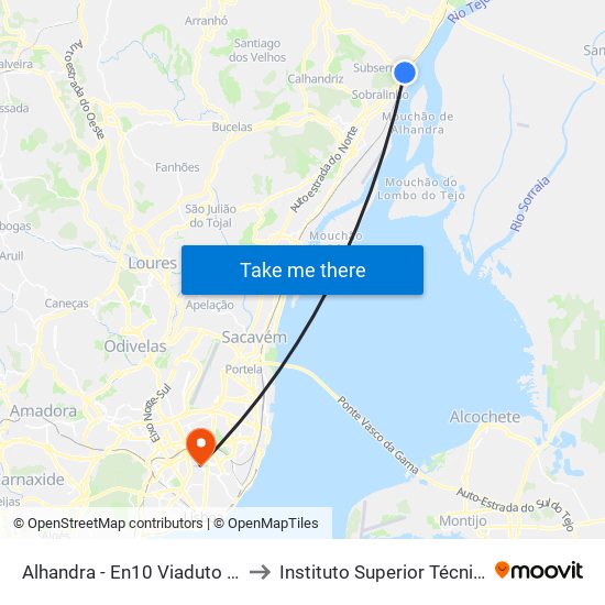 Alhandra - En10 Viaduto Ae to Instituto Superior Técnico map