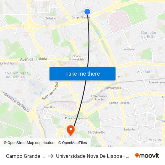 Campo Grande (Metro) P33 to Universidade Nova De Lisboa - Campus De Campolide map
