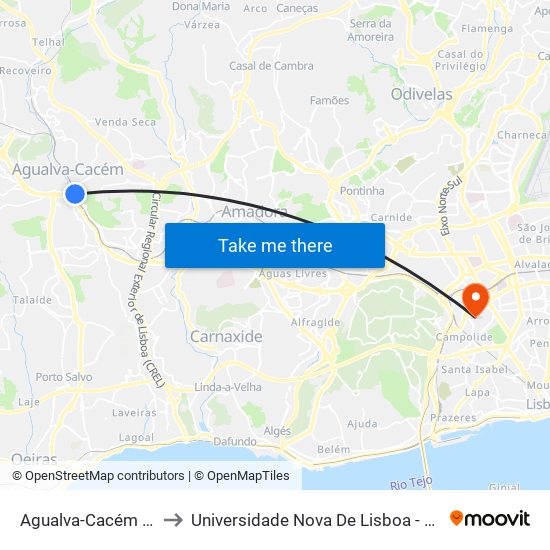 Agualva-Cacém (Estação) P8 to Universidade Nova De Lisboa - Campus De Campolide map