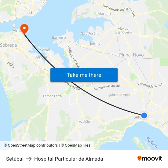 Setúbal to Hospital Particular de Almada map