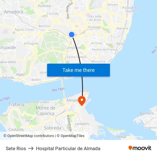Sete Rios to Hospital Particular de Almada map