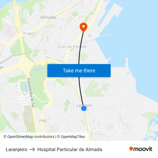 Laranjeiro to Hospital Particular de Almada map
