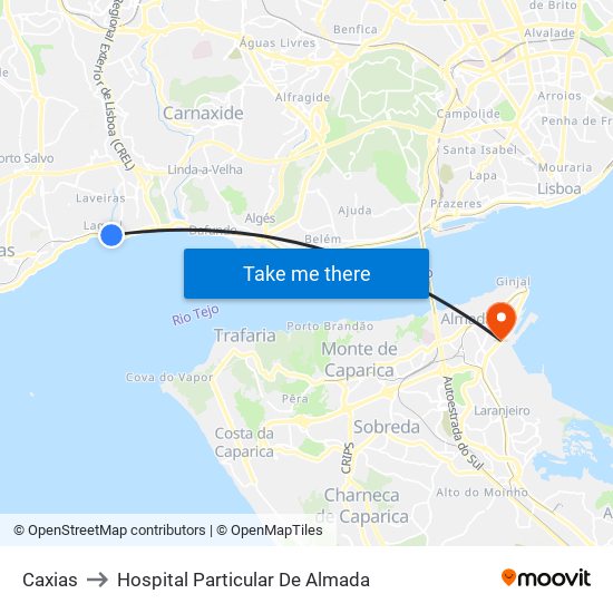 Caxias to Hospital Particular De Almada map