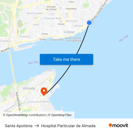 Santa Apolónia to Hospital Particular de Almada map