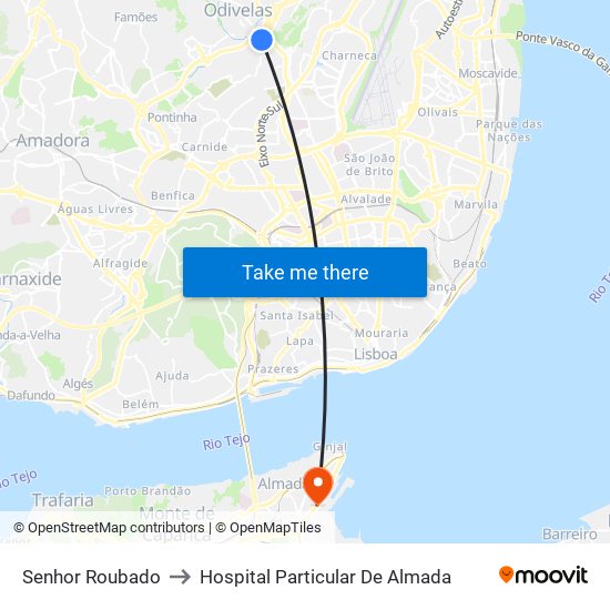 Senhor Roubado to Hospital Particular De Almada map
