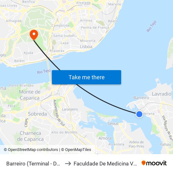 Barreiro (Terminal - Descidas) to Faculdade De Medicina Veterinária map