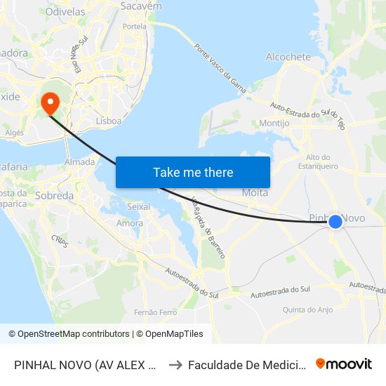 PINHAL NOVO (AV ALEX HERCULANO 44) to Faculdade De Medicina Veterinária map