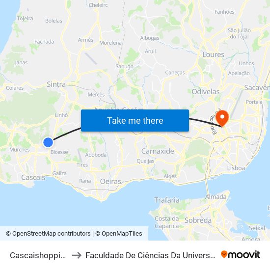 Cascaishopping - A16 to Faculdade De Ciências Da Universidade De Lisboa map