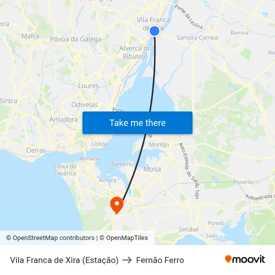 Vila Franca de Xira (Estação) to Fernão Ferro map