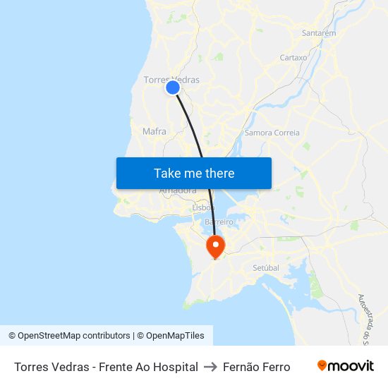 Torres Vedras - Frente Ao Hospital to Fernão Ferro map