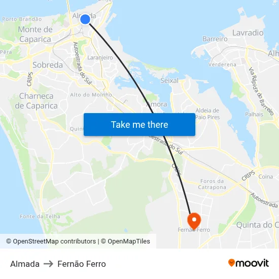 Almada to Fernão Ferro map