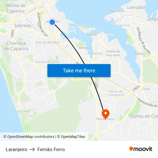 Laranjeiro to Fernão Ferro map